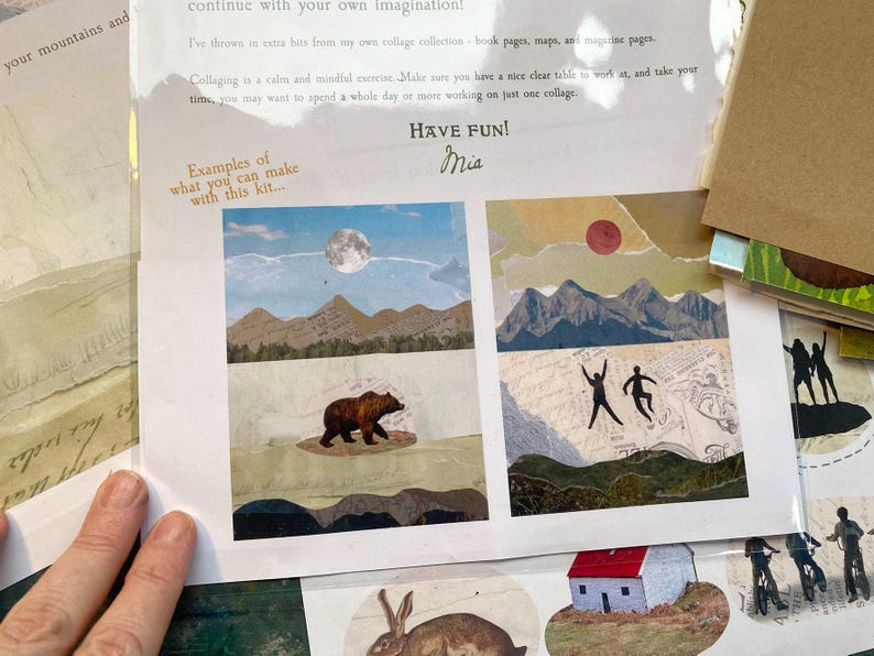 May include: A collage kit with examples of finished collages. The examples include mountain and bear scenes, and figures silhouetted against a mountain backdrop. The text "Examples of what you can make with this kit..." is visible.