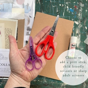 May include: A pair of red-handled metal scissors, a pair of purple plastic scissors, and a Pritt glue stick. The text on the image reads: Choose to add a pritt stick, child friendly scissors or sharp adult scissors.