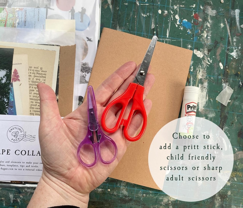 May include: A pair of red-handled metal scissors, a pair of purple plastic scissors, and a Pritt glue stick. The text on the image reads: Choose to add a pritt stick, child friendly scissors or sharp adult scissors.
