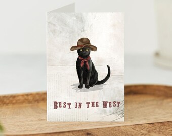 Tarjeta de gato negro, Lo mejor del Oeste, Tarjeta de gato gracioso, Gato del Salvaje Oeste, Gato del Sheriff, Gato del Outback, Gato con sombrero. Tarjeta tamaño A6. 100 % reciclada y vegana.