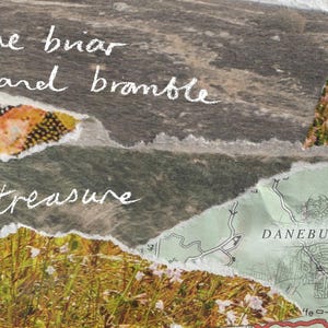 Peut inclure: Un collage de textures et de couleurs avec le texte "Cherchez la ronce et la ronce pour votre tr&eacute;sor" et une carte de Danebury.