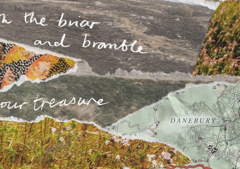 Peut inclure: Un collage de textures et de couleurs avec le texte "Cherchez la ronce et la ronce pour votre tr&eacute;sor" et une carte de Danebury.