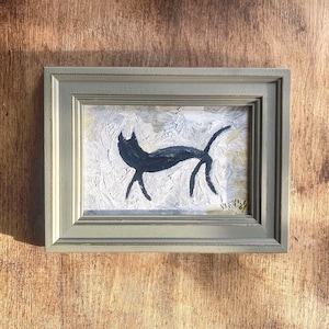 Cat oil painting, Original painting manner of Lowry cat - framed. Framed black cat painting. Original Oil painting.