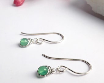GREEN ONYX Earrings Sterling Silver, Dainty Wire Wrapped Green Onyx Earrings, 925 Sterling Silver, 14K Gold Filled, May Birthstone