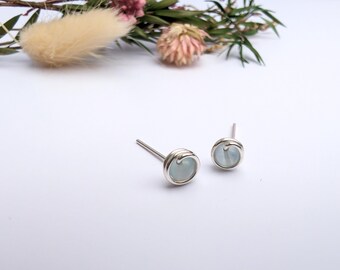 AQUAMARINE 925 Sterling Silver or 14K Gold Filled Dainty Earring Studs, Wire Wrapped March Birthstone