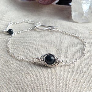 BLACK TOURMALINE Dainty Sterling Silver Bracelet, Stacking Bracelet, 925 Sterling Silver, Black Stacking Bracelet, October Birthstone