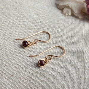 May include: A pair of gold earrings with small, round, dark red gemstones. The earrings are simple and elegant.