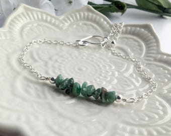 EMERALD Sterling Silver Dainty Birthstone Bar Bracelet, May Birthstone