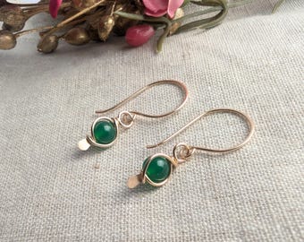 GREEN ONYX Earrings 14K Gold Filled, Wire Wrapped Green Onyx Earrings, Gift For Her, Dangle Earrings, May Birthstone