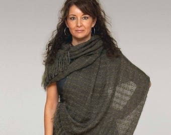 Handwoven shawl, large scarf in green mohair and grey tencel. Handwoven pashmina wrap. Winter scarf.