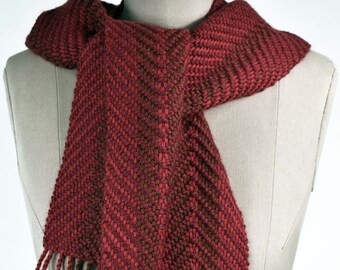 Hand-woven scarf, red alpaca wool. Winter alpaca and silk scarf, red and brown. Winter red warp. Unisex scarf.