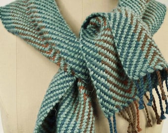 Hand-woven scarf, blue-aqua alpaca wool. Winter alpaca and silk scarf, aqua, turquoise, brown and rust. Unisex scarf.