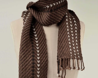 Hand-woven scarf, brown alpaca wool. Winter alpaca and silk scarf, brown, black and light grey. Unisex scarf.