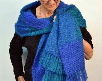 Handwoven shawl, in royal blue and turquoise mohair. Winter wrap, pashmina, large scarf, handwoven in electric blue and turquoise mohair.