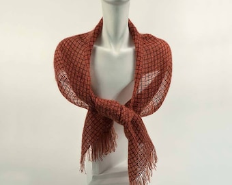 Handwoven scarf in burnt orange kidmohair and brick red tencel. Dark orange kidmohair scarf, woven by hand. Handwoven burnt orange stole.