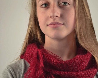 Handwoven neck warmer in tencel and kidmohair. Light and warm cowl neck, red, purple, green-blue, indigo. Neck scarf woven in mohair.