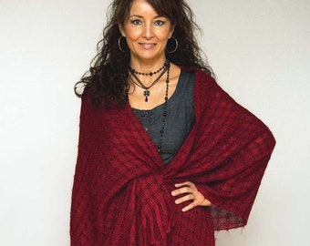 Handwoven shawl, large scarf in dark red mohair and tencel. Handwoven pashmina wrap. Large dark red winter scarf.