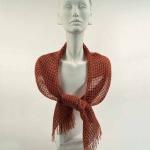 Handwoven scarf in burnt orange kidmohair and brick red tencel. Dark orange kidmohair scarf, woven by hand. Handwoven burnt orange stole.