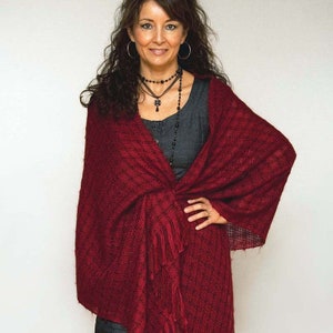 Handwoven shawl, large scarf in dark red mohair and tencel. Handwoven pashmina wrap. Large dark red winter scarf.