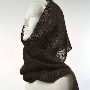Handwoven scarf in dark brown kidmohair and black tencel. Kidmohair sheer scarf, woven by hand, black and brown..