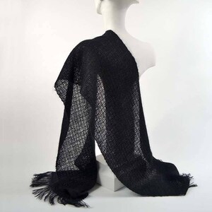 Handwoven black scarf in kidmohair and tencel. Kidmohair sheer scarf, woven by hand, black color.