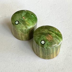 Pode incluir: Dois botões de madeira verde com um ponto branco no centro. Os botões têm um padrão de grão de madeira.