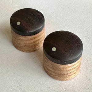 May include: Two wooden knobs with a black top and a light brown bottom. Each knob has a small white dot in the center of the black top.