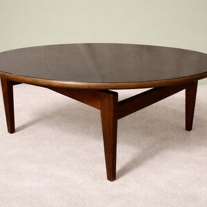 Jens Risom Mid Century Walnut Coffee Table: Sculptural Base, Black Laminate Top