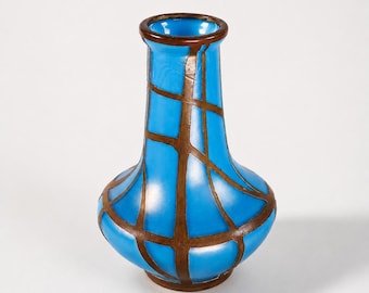 Karel Goldberg Art Nouveau Cabinet Vase c.1905 Opalescent Blue with Applied Copper 5.25”