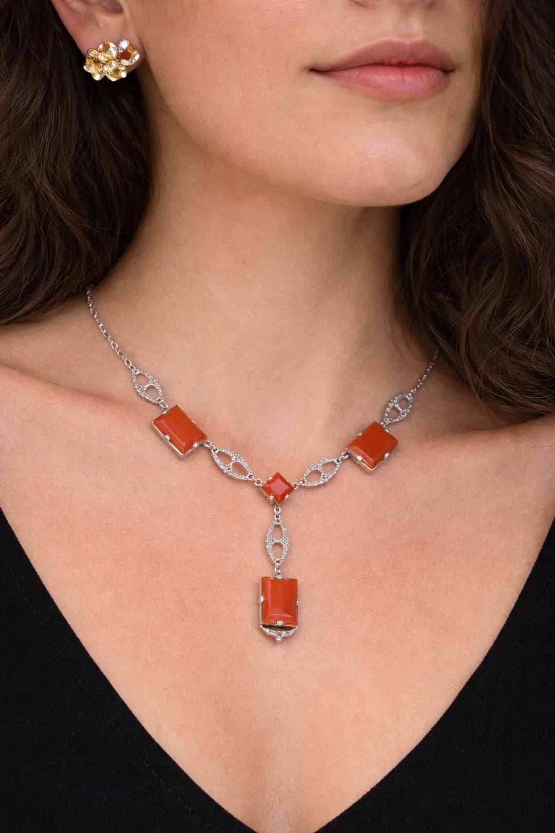 Vintage Art Deco Carnelian Sterling Silver Choker Necklace Marcasite ...