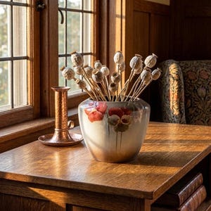 May include: A decorative arrangement featuring dried poppy seed heads in a ceramic vase with red and green floral accents. A copper candlestick holder sits nearby on a wooden table, illuminated by sunlight from a window.