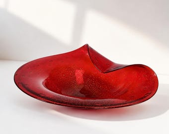 Scarpella Arte Murano Ruby Red Art Glass Bowl, Gold Flecks, Folded Rim (8.5" Diameter)