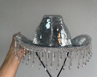 Diamond Disco Cowboy Hat, Mirror Ball Hat, Bachelorette Hat Sparkly Concert Hat for Music Festivals, or Costume Party, Disco Ball Cowboy Hat