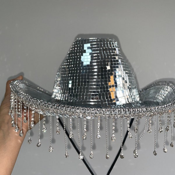 Chapeau de cowboy disco diamant, chapeau boule à facettes, chapeau de bachelorette chapeau de concert scintillant pour les festivals de musique ou fête costumée, chapeau de cowboy boule disco