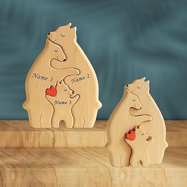 Personalized Gift - Handcrafted - Family - Up To 9 Person Animal Figurines - Wooden Bears Family Puzzle - Wooden Animal Carvings