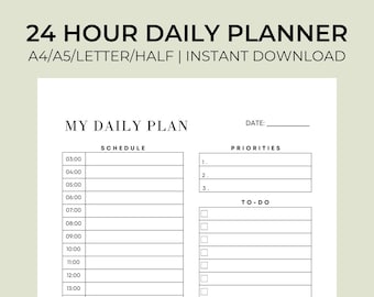 Puede incluir: Un planificador diario imprimible en blanco y negro con el título "24 Hour Daily Planner" y el texto "A4/A5/LETTER/HALF | INSTANT DOWNLOAD". El planificador incluye secciones para el horario, las prioridades, las tareas pendientes, las comidas y las notas.