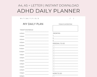 ADHD Daily Planner Printable To do List, Minimal Planner, Military Time Blocking, Undated Planner Printable