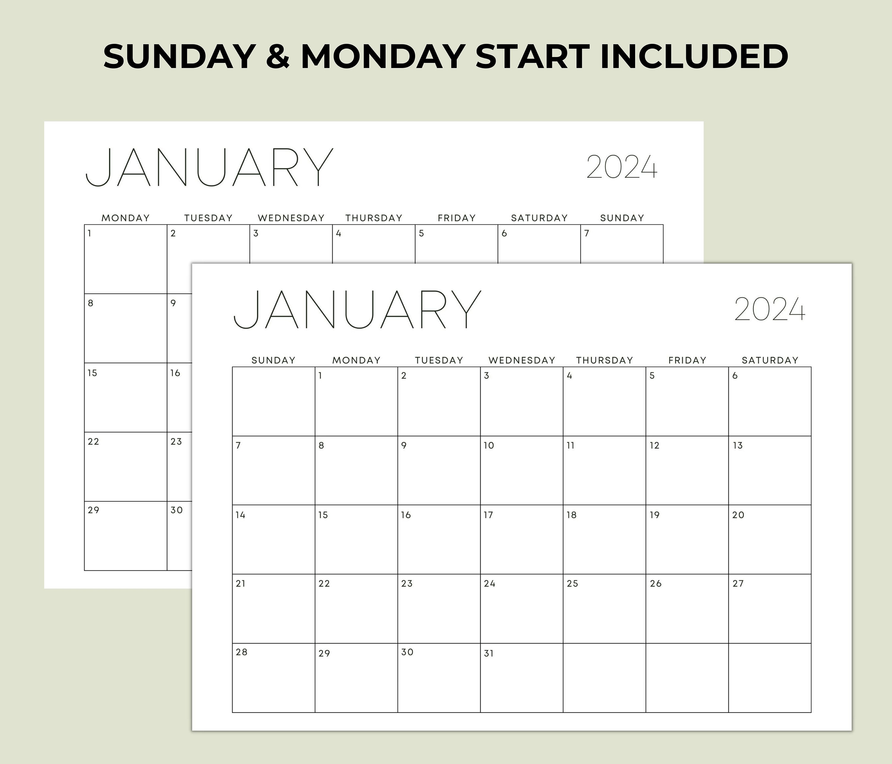 2024 Monthly Calendar Printable, A4/a5/a3/letter, Sunday & Monday Start