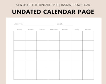 May include: A black and white printable calendar page with the text "UNDATED CALENDAR PAGE", "MONTH:", and "YEAR:". The page is divided into seven columns for each day of the week, with the days of the week labeled at the top.