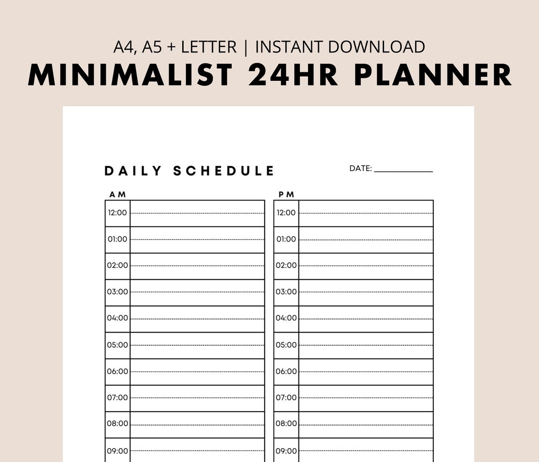 Minimalist 24 Hour Daily Planner Printable, to Do List, Military Time ...