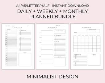May include: A printable planner bundle with a minimalist design. The bundle includes daily, weekly, and monthly planner pages. The pages are black and white with a simple grid layout.