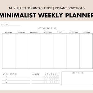 Weekly Undated Printable, Weekly Planner Agenda, Weekly Organizer, Weekly To Do List for Work/Home | Landscape Format | A4 and US LETTER PDF