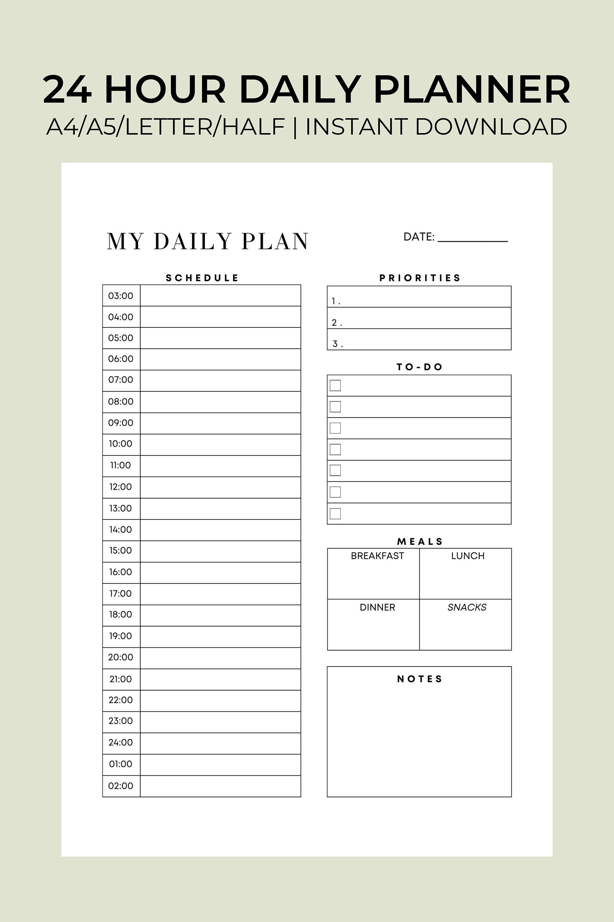 24 Hour Daily Planner Printable, Military Time Blocking Template, Work ...