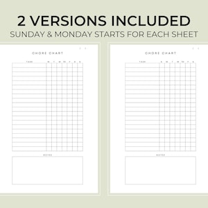 May include: Two printable chore charts, one with Sunday at the start of the week and one with Monday at the start of the week. Each chart has a column for each day of the week, a row for tasks, and a notes section at the bottom.