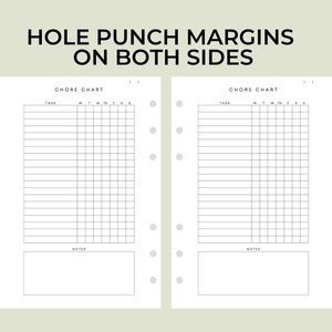 May include: Two printable chore charts with a black and white design. Each chart has a section for tasks, days of the week, and notes. The charts are designed to be hole punched and used in a planner or binder.