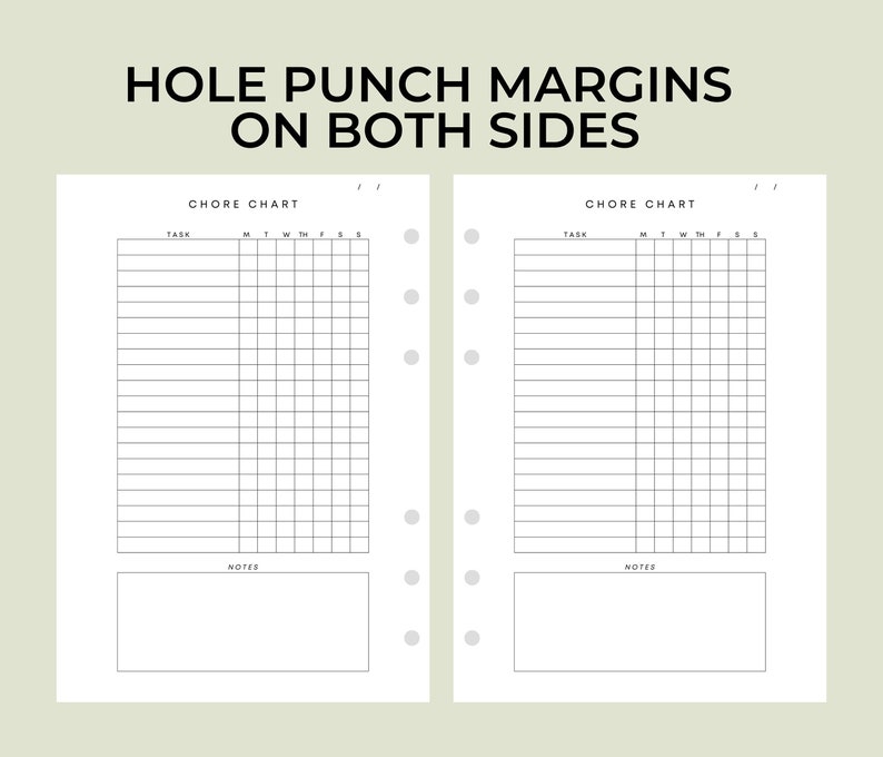 May include: Two printable chore charts with a black and white design. Each chart has a section for tasks, days of the week, and notes. The charts are designed to be hole punched and used in a planner or binder.