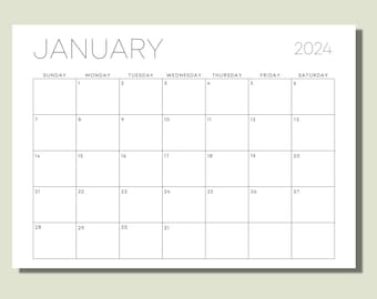 May include: A blank calendar for the month of January 2024. The calendar has the days of the week listed at the top and the numbers 1 through 31 listed in rows below.