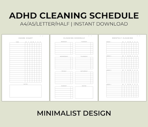 ADHD Cleaning Schedule, Adult Chore Chart, A4/A5/Letter/Half Printable PDF