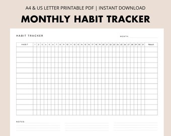 May include: A black and white printable monthly habit tracker with a grid for tracking daily habits. The tracker has a section for notes and a space to write the month.