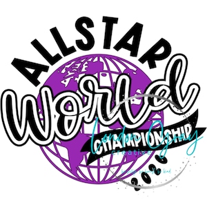 May include: A graphic design featuring the words "ALLSTAR WORLD CHAMPIONSHIP" in black and white, with a purple globe in the background. The text "London" and "2023" are also included in the design.